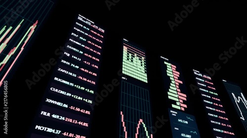 Tilting panning camera as blue rectangle emerging revealing expo panels for showing main tickers