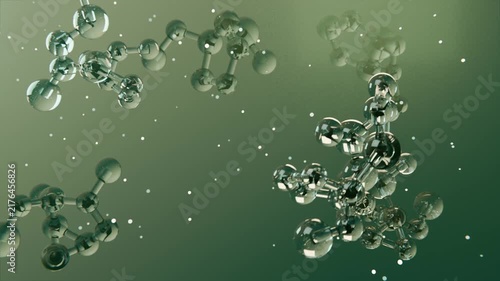 Animating glass clusters drifting, rotating in green backdrop, revealing reflections and particles