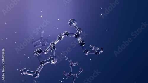 Pulling camera bringing glass molecule rotating in purple backdrop with fragments revealing detail