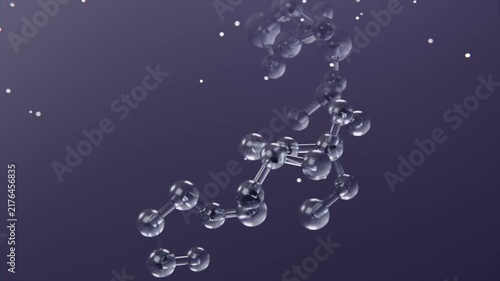 Drifting molecular chain rotating revealing round nodes over violet gradient camera moving closer