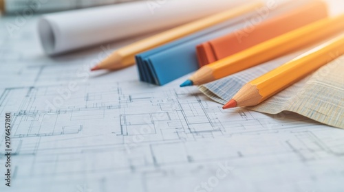 Clear Morning Beside the Connection Detail Drawings: Modern Office Blueprint Table With Pencils And Material Swatc â€“ Skyline Study 2