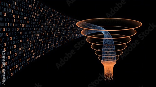 Fototapeta Binary code data stream flowing into a digital funnel representing information filtering and big data analysis in a technological environment