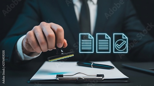 Businessman in a suit using a rubber stamp to approve digital documents with glowing neon checkmark on a dark office background