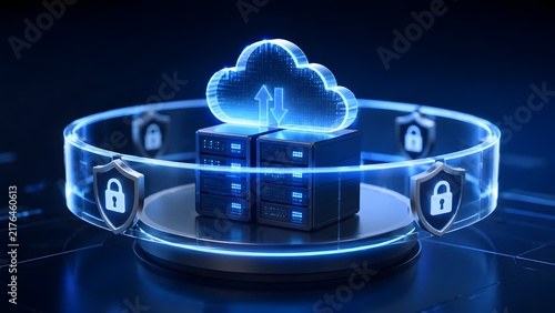 Secure cloud storage computing concept with glowing blue data servers protected by digital shield and padlock barrier