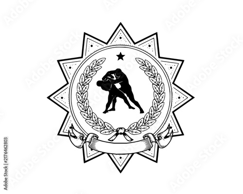Wrestling sports emblem vector with grappling silhouettes, laurel wreath, and sunburst border