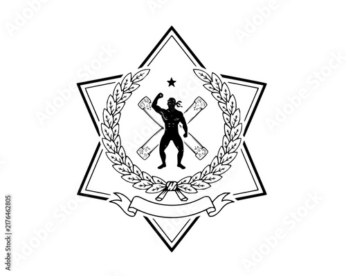 Vintage vector emblem with muscular man silhouette, laurel wreath, and six-pointed star border