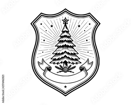Decorative evergreen tree shield emblem featuring a star sunburst background and blank banner