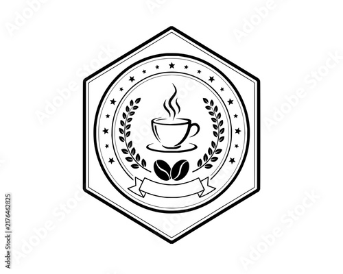 Vintage style coffee shop emblem with steaming cup coffee beans and laurel wreath in hexagon