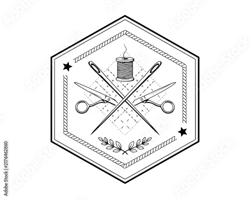 Tailoring Craft Emblem with Scissors Sewing Needles and Thread Line Art