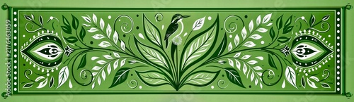 Green Folk Art Floral Banner with Kingfisher Bird and Scrolls
