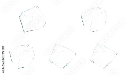 Foto Set of broken glass shards and sharp fragments falling in the air