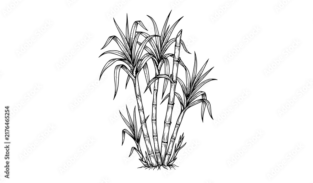 Obraz premium Hand drawn sugarcane stalks with leaves botanical vector illustration