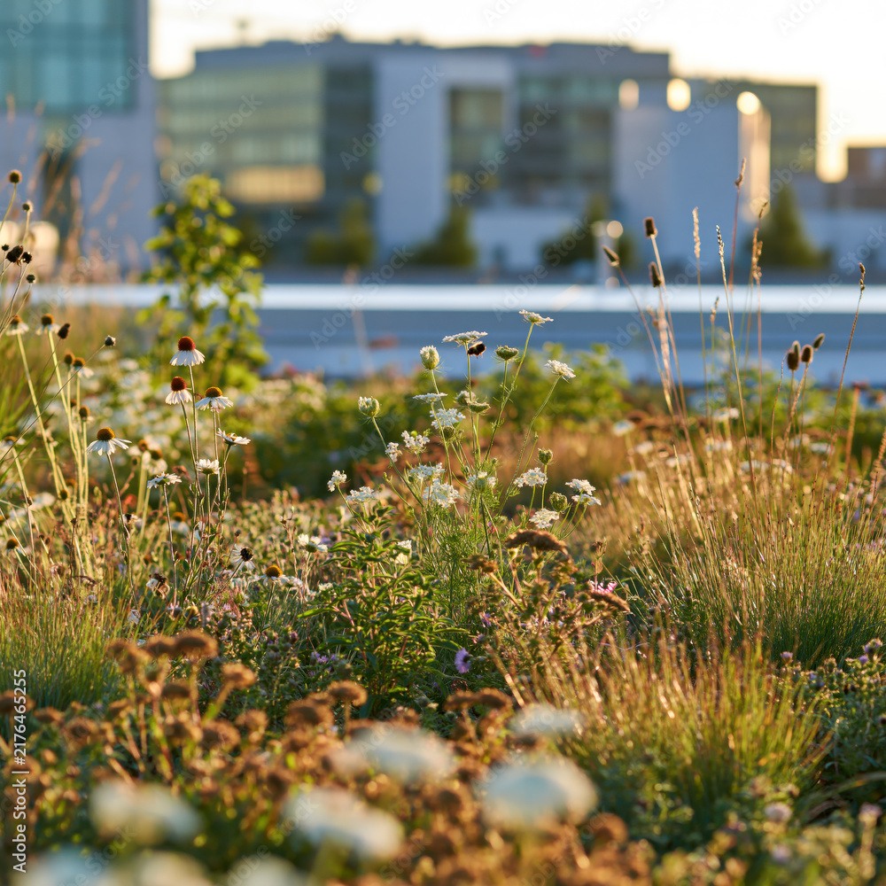 Obraz premium Green roof meadow with wildflowers and tall grasses in the city