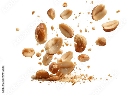 Roasted peanuts falling and exploding in mid-air isolated on a white background on white background, Isolated on Transparent Background, PNG, Generative AI