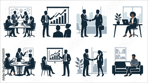 Business People Meeting Silhouette Vector Set Corporate Office Teamwork Presentation Handshake Icon Collection