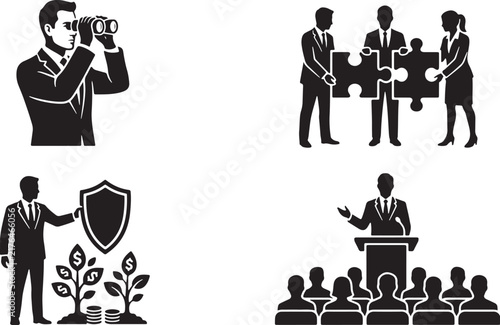 Financial Growth and Business Strategy Vector Set Investment Shield Binoculars Teamwork Puzzle Icon Collection
