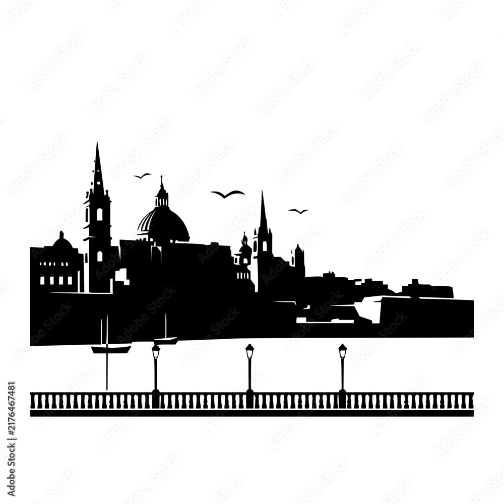 Fototapeta premium Waterfront City Silhouette with Cathedral Domes Boats and Promenade Railing with Lamps