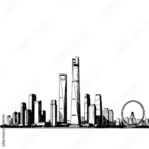 Modern city skyline sketch featuring tall skyscrapers and a large observation wheel