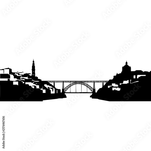 Black silhouette of an urban landscape featuring a large arched bridge and city buildings