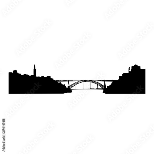 Minimalist black silhouette of a city skyline with a prominent arched bridge over water