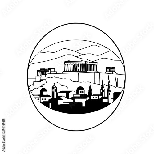 Circular line art illustration of an ancient temple on a hill above a small town