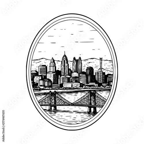 Oval frame illustration of a metropolitan skyline with a suspension bridge over a river