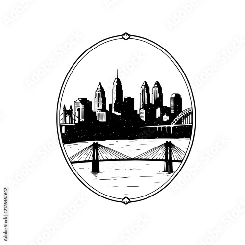 Urban waterfront cityscape sketch in an oval frame with modern skyscrapers and a cable bridge