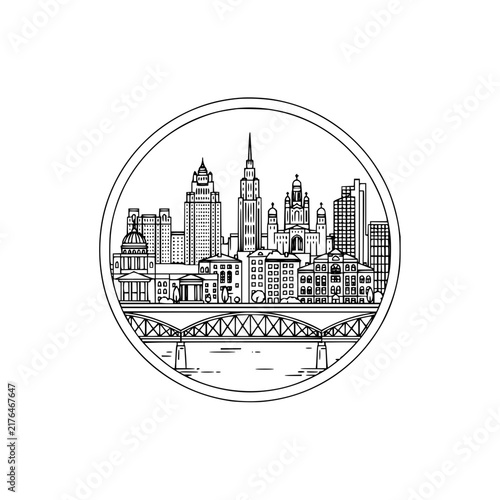 Circular line art illustration of a city skyline with historic and modern architecture and a bridge