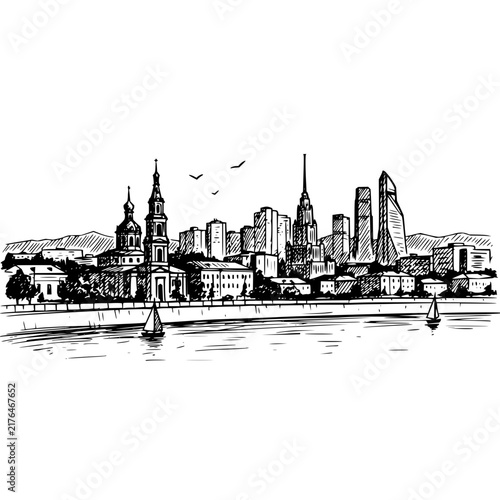 Hand drawn ink sketch of a coastal city skyline with sailboats and mountains in the background