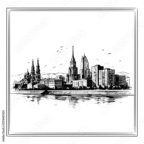 Framed pen and ink illustration of an urban skyline with a tall spire and river reflections