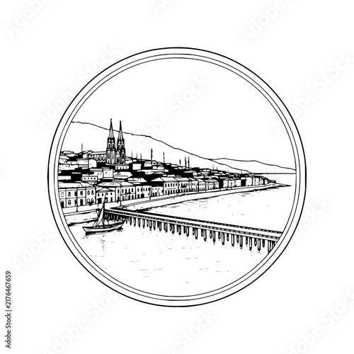 Circular line drawing of a coastal town with a cathedral and a long pier extending into the sea