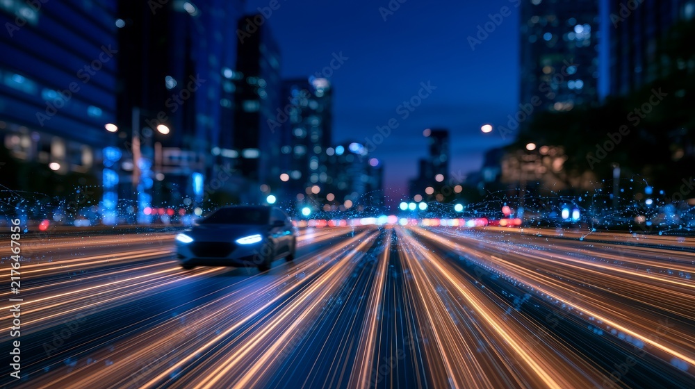Fototapeta premium Autonomous car driving on smart city digital highway at night
