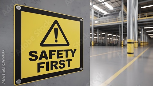 Yellow safety first warning sign with black triangle and exclamation mark mounted on a grey concrete pillar inside a large industrial warehouse