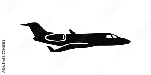 Silhouette of a private jet in flight against a clean white background