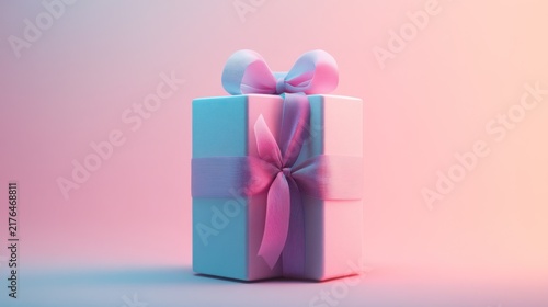 Pastel gift box, pink ribbon, gradient background, studio shot, present