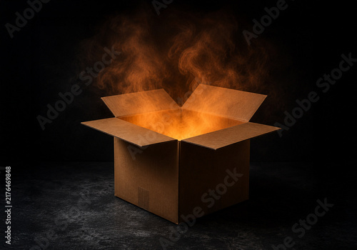 Open cardboard box glowing with mysterious orange light and smoke on a dark background. Dramatic concept of mystery, surprise, secret package, magic and Halloween atmosphere.
