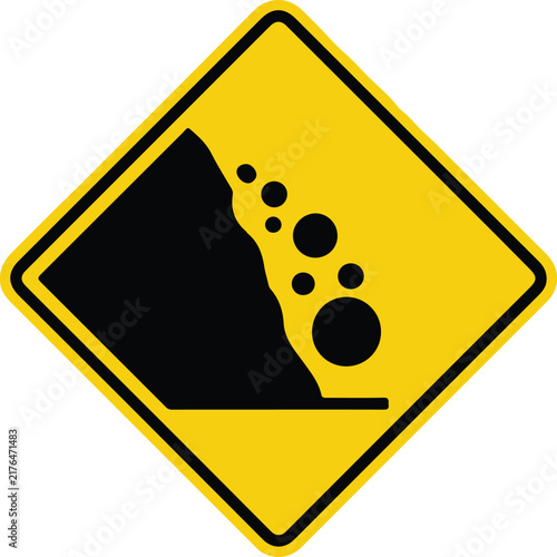 Falling rocks road sign yellow diamond warning symbol for landslide hazard vector graphic illustration for transportation safety