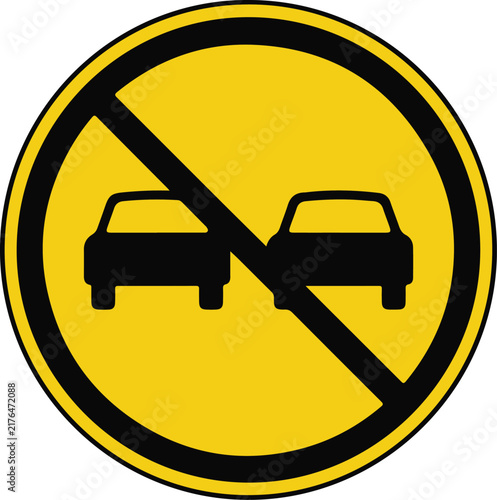 No passing traffic sign yellow and black circular road symbol for driving regulations and highway safety vector illustration