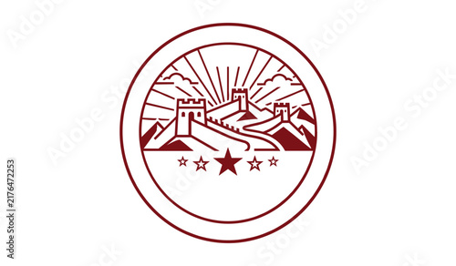Circular emblem design featuring the great wall of china with sun rays and stars in minimalist style
