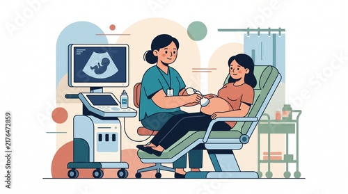 Quadro su tela Pregnant Woman Receiving Ultrasound Exam from Female Doctor in Clinic Vector Ill