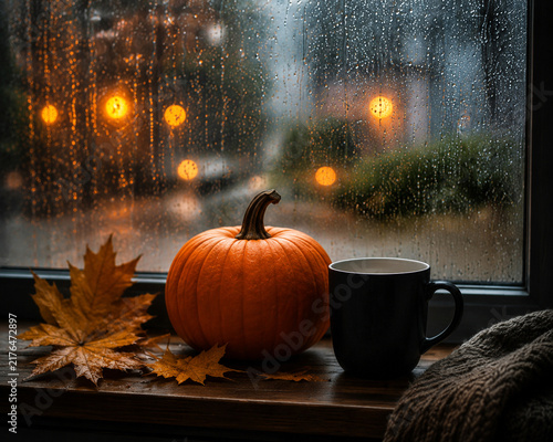 Cozy autumn still life with orange pumpkin, hot drink and fallen leaves by a rain-covered window. Warm seasonal atmosphere with glowing lights outside, perfect for fall and rainy day concepts.