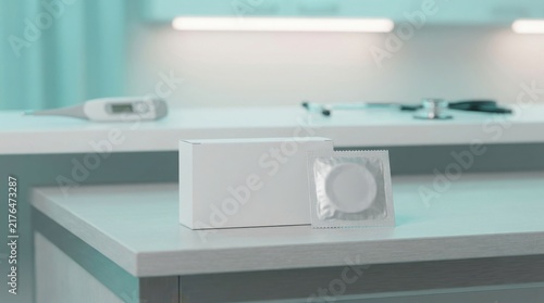 A blank white condom box and a foil wrapper sitting on a medical desk surface with blank cardboard box silver foil condom wrapper placed clean clinic table contraceptive prophylactic professional