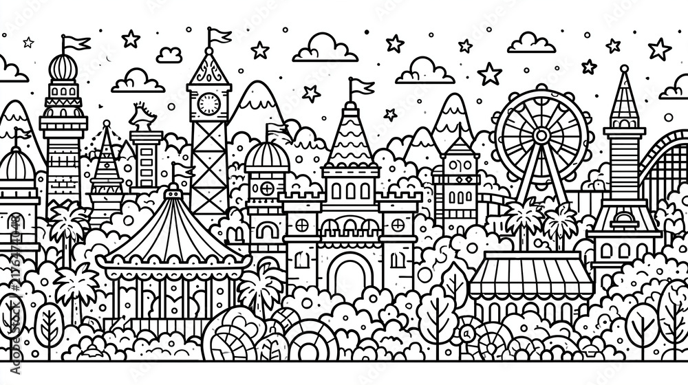 Obraz premium A whimsical black and white illustration of a fantasy cityscape filled with landmarks.