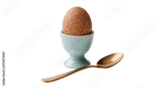 Konstfotografi Cracked brown egg in light blue egg cup with golden spoon, isolated on transpare