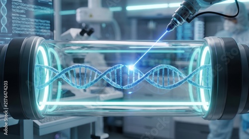 Robotic laser system performing genetic engineering on a dna strand inside a laboratory chamber with suspended within futuristic precision laser modify futuristic glass tube arm uses precision