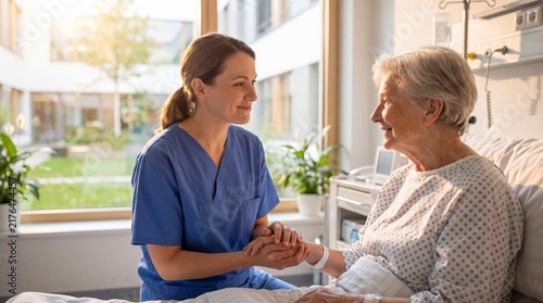 Nurse holding the hand of an elderly patient sitting in a hospital room bed with kind nurse holds professional relationship reassurance interaction compassion assistance healthcare connection
