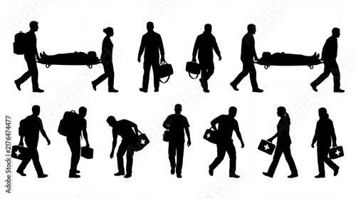 Black silhouettes of medical personnel carrying stretchers and first aid kits on white background with performing emergency transport depicting medical workers collection black professional rescue