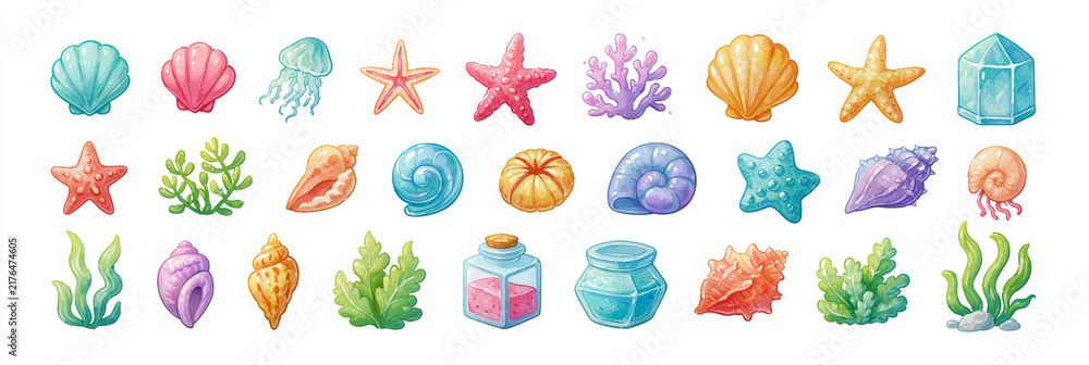 Fototapeta premium Colorful marine elements including shells, coral, and jellyfish in vibrant hues.