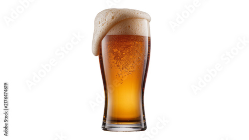 Foto Tall glass of amber beer with overflowing foam, isolated on transparent backgrou