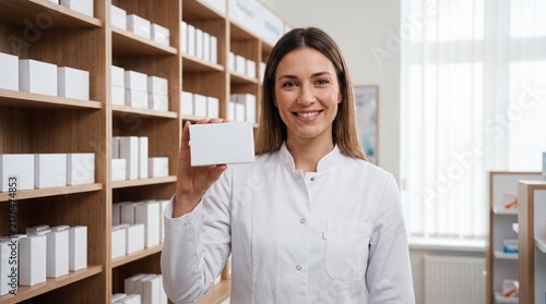 A smiling female pharmacist holding a blank white box in a bright modern drugstore pharmacy with pharmacy shelves products medicine box inside white coat holds pharmaceutical recommendation woman